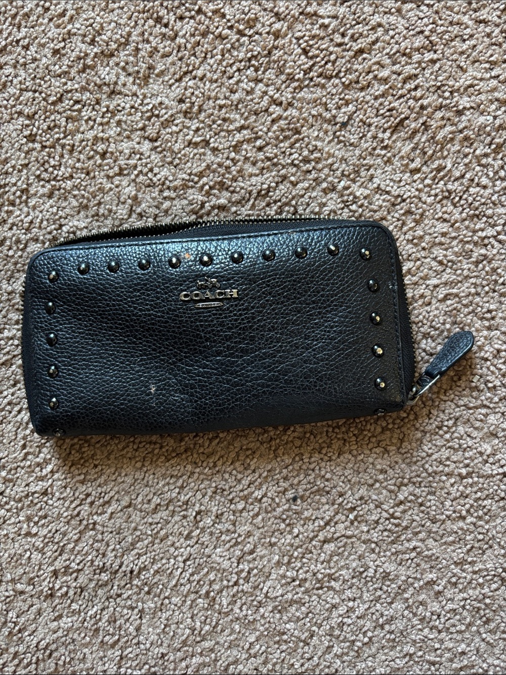 #303 Coach Black Pebbled Leather Zip Wallet with Stud Accents